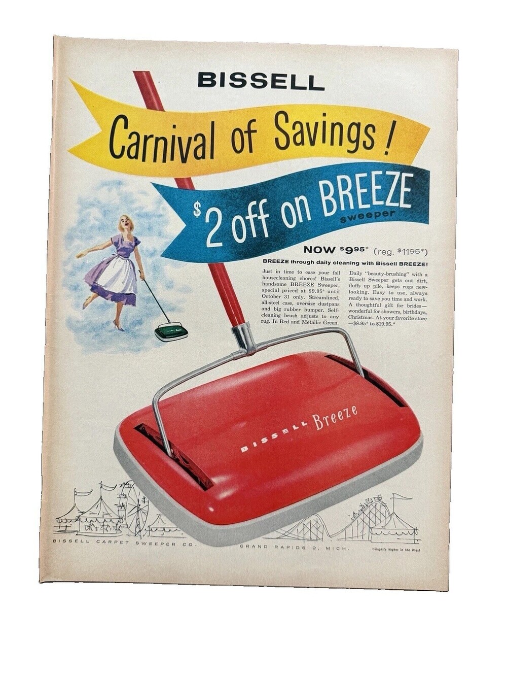 1957 Bissell Breeze Floor Sweeper Print Ad Carnival of Savings Housewife Clean